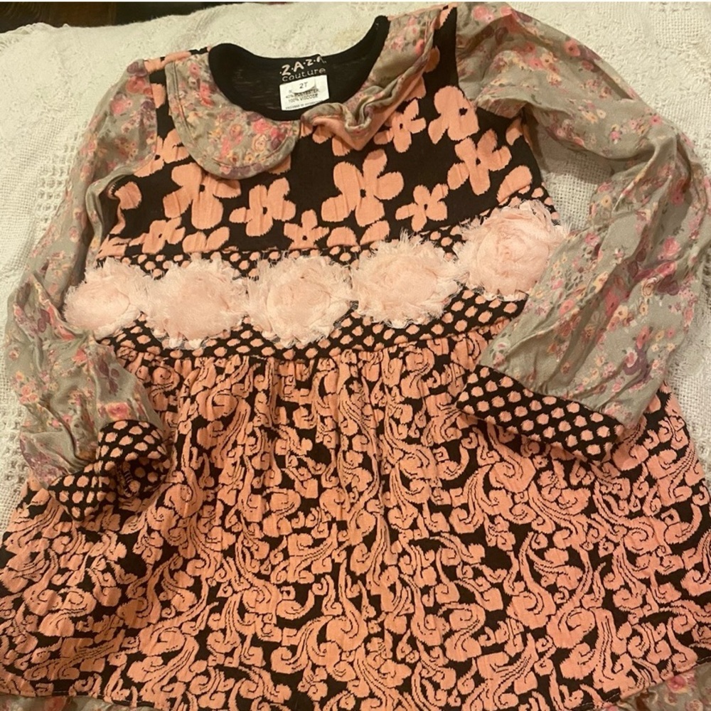 ZaZa Couture-Size 2T-Boho dress/Pink & Brown-Flower detail